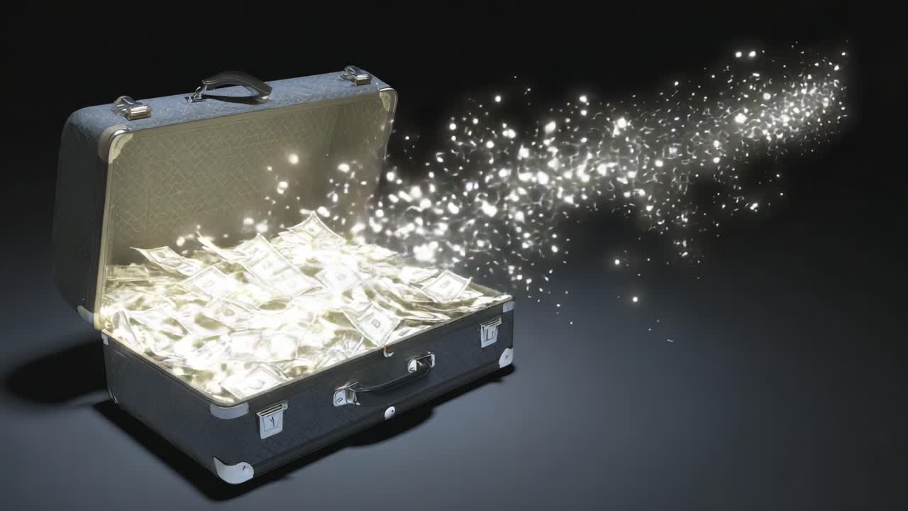 A Magical Suitcase Overflowing with Cash: Discover the Allure and Mystery of Wealth Manifested as Sparkling Energy in Each Frame of This Enchanting Video Sequence