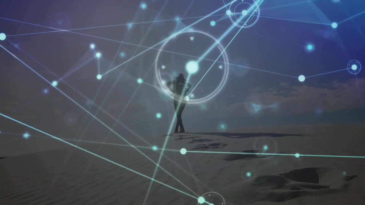 Horizon revealing digital tech network on dune guiding athlete walking prints while nodes pulsing