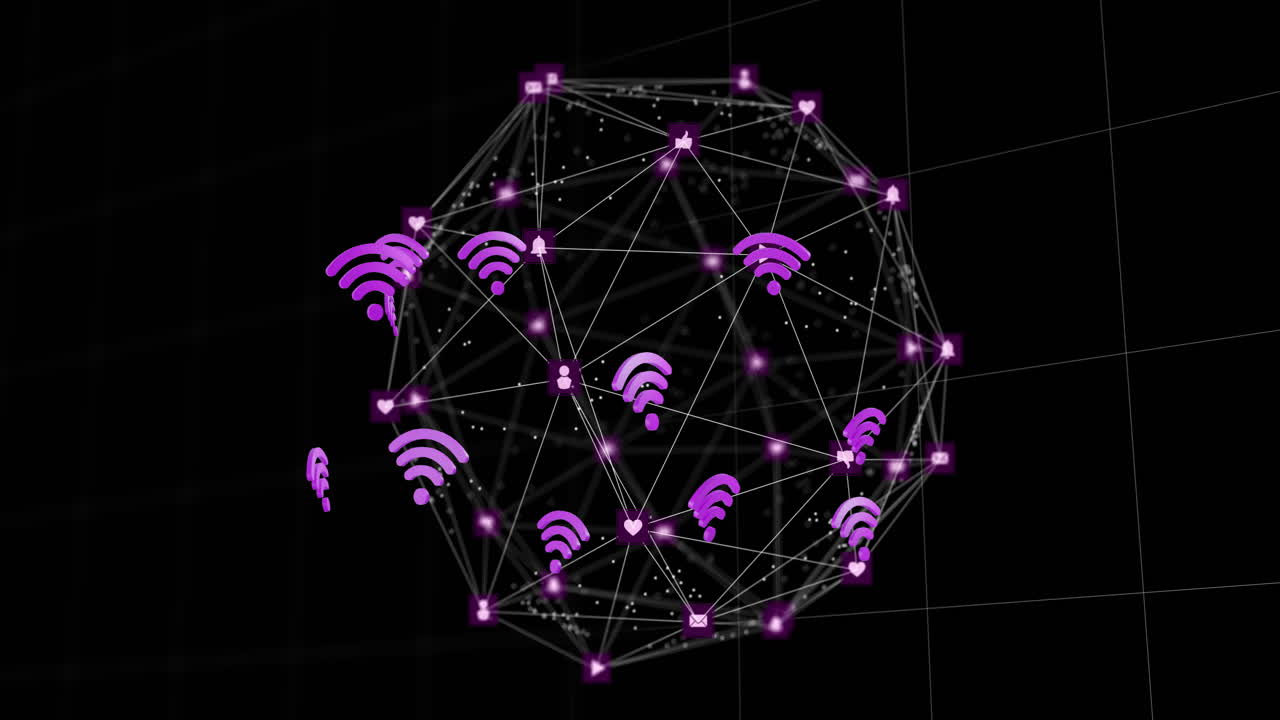 animación del globo de conexiones con iconos wifi en fondo negro