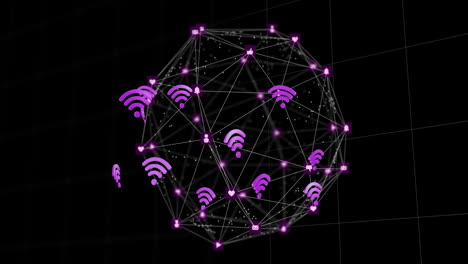 animation of globe of connections with wifi icons on black background