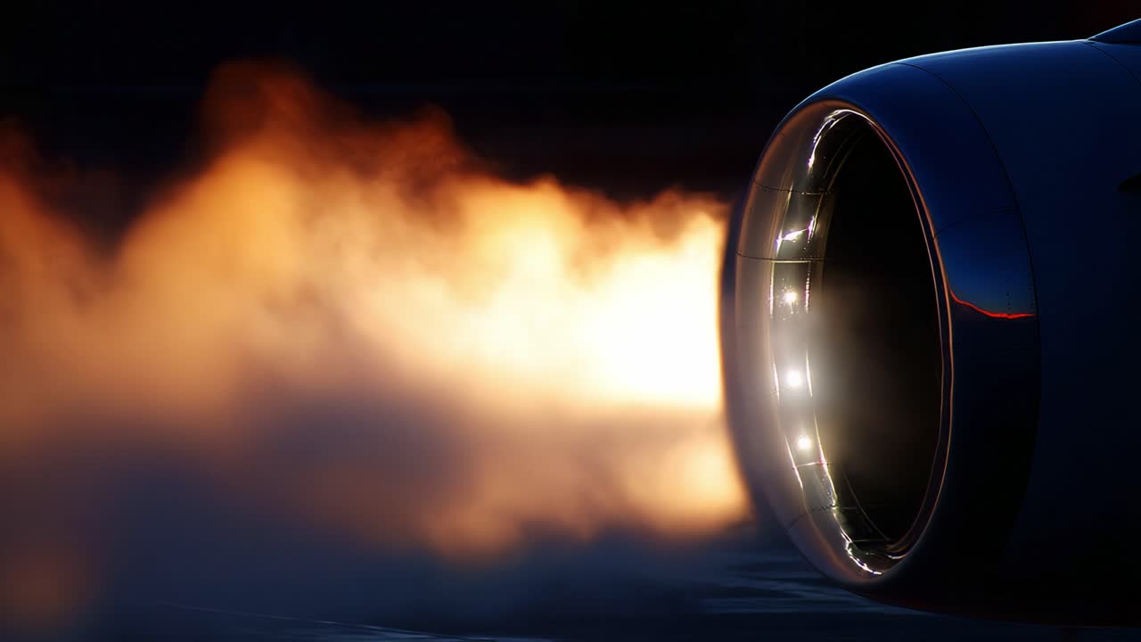 Dramatic Close-Up of Jet Engine Exhaust with Flames and Vapor Emitting from Aircraft Engine Nozzle, Capturing the Power and Precision of Aviation Engineering