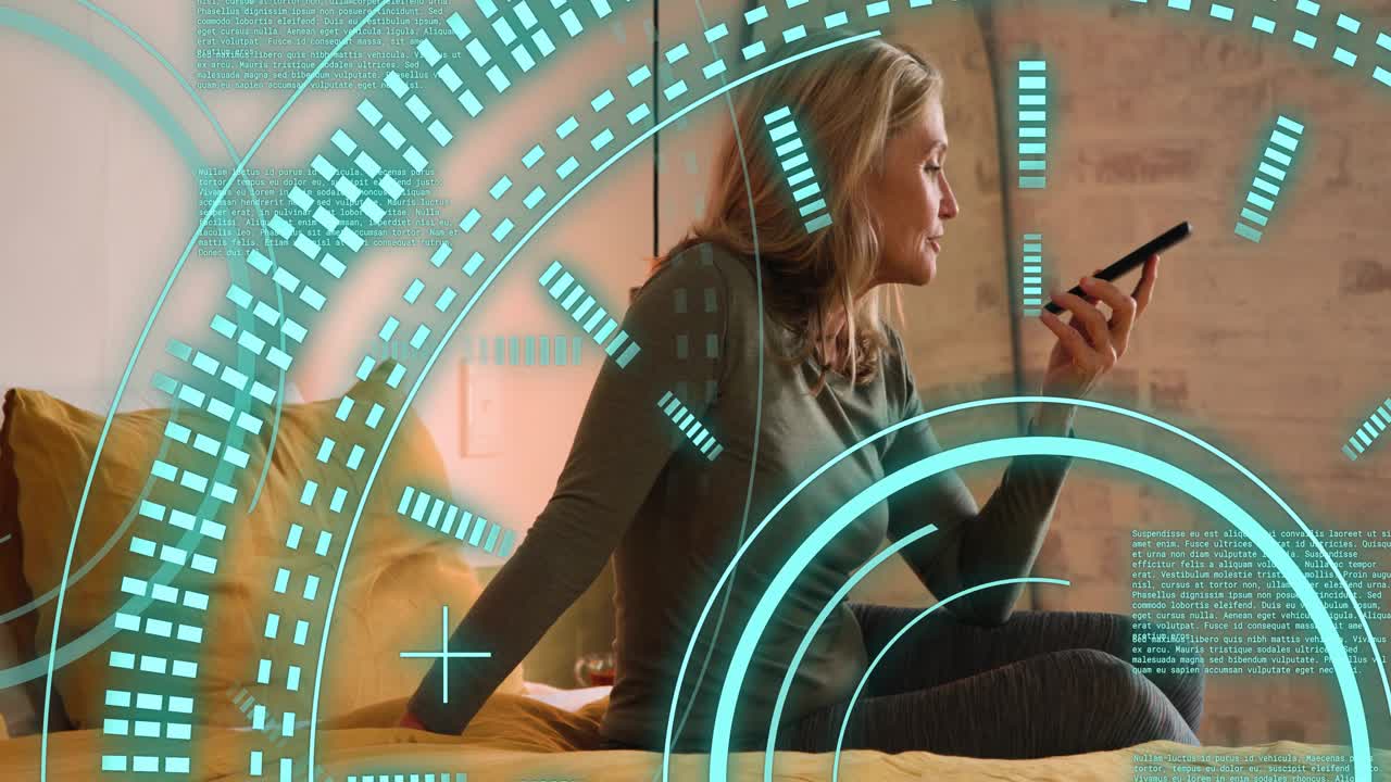 Mature woman tapping smartphone, bringing device to mouth, speaking for technology HUD interaction