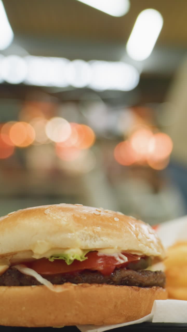 황금 김과 버거를 검은색 트레이에 테이블에 배경에 흐릿한 사람과 함께, 활기찬 식사 환경에서 맛있는 패스트 푸드 식사를 강조