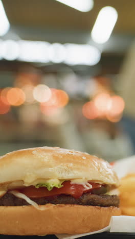 patatas fritas doradas y una hamburguesa en una bandeja negra en una mesa con personas borrosas en el fondo, destacando la deliciosa comida rápida en un ambiente de comedor animado