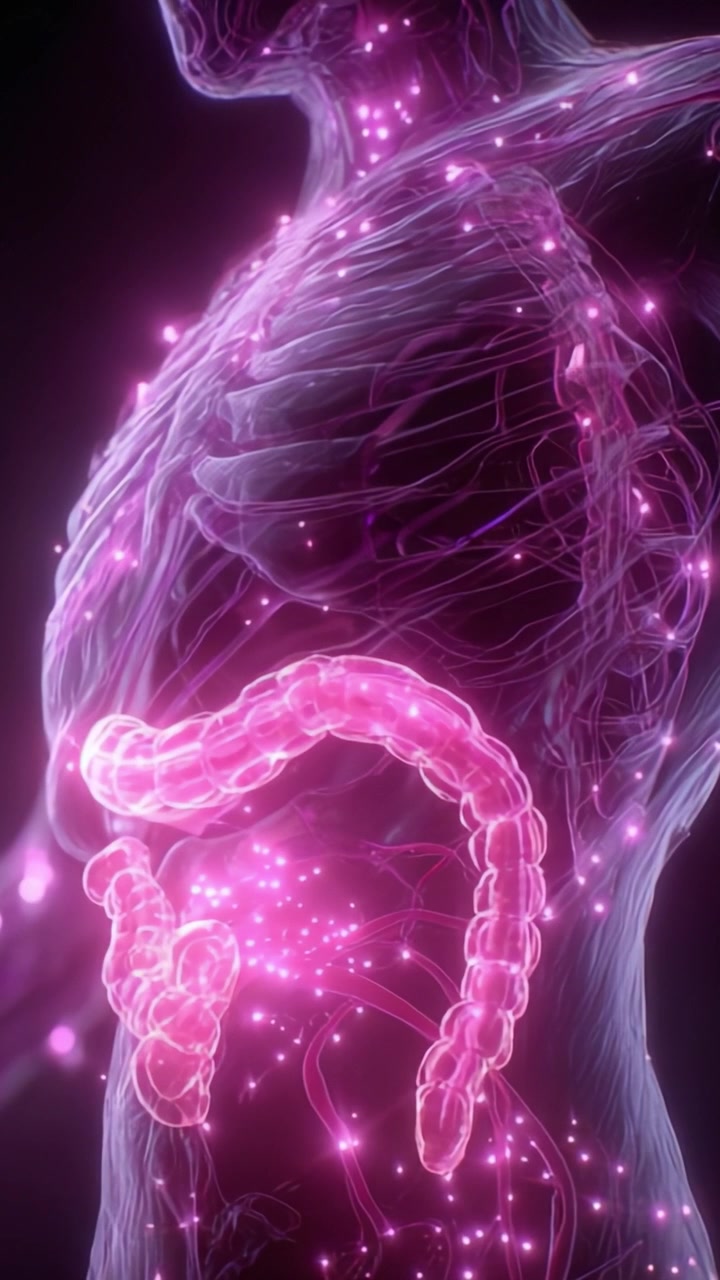 Visual Representation of the Human Digestive System Highlighting the Intestines with Ethereal Energy Patterns and a Futuristic Glow