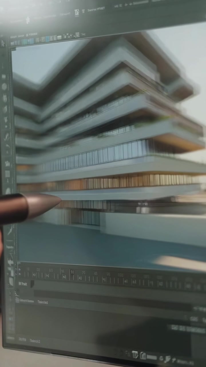 Architetto che lavora su un modello 3D di edificio e progetti al computer