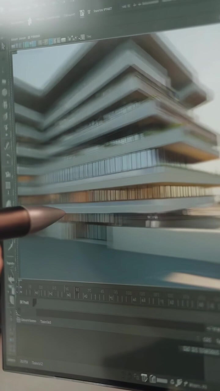 Architetto che lavora su un modello 3D di edificio e progetti al computer