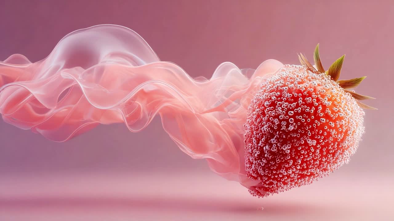Visually Stunning Strawberry Surrounded by Ethereal Pink Smoke, Capturing a Unique Blend of Organic Beauty and Artistic Expression in a Dreamlike Setting