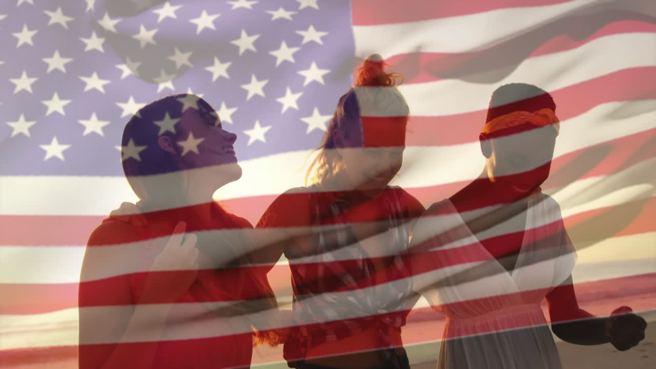 American flag overlay, women watching beach sunset, creating animation effect