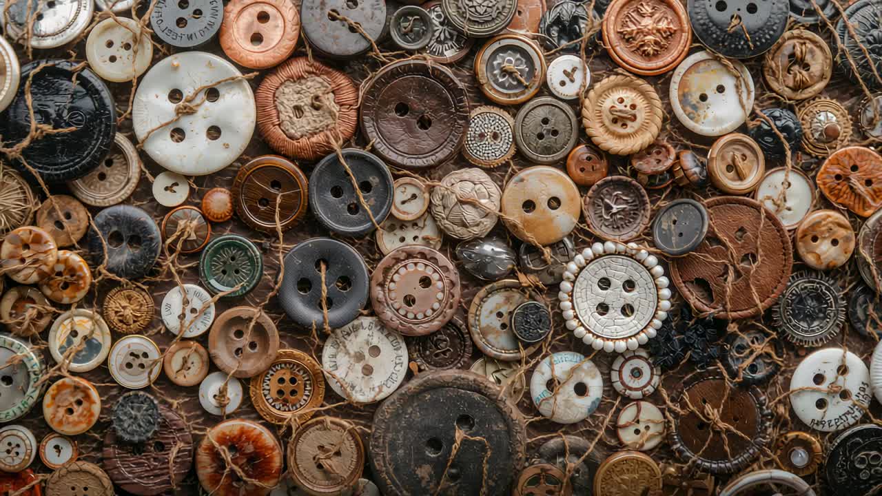 Panoramica della camera che rivela un fitto collage di bottoni su supporto piatto, evidenziando la patina, il filo sfilacciato