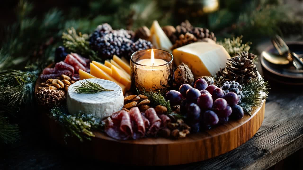 A beautifully arranged charcuterie board containing a variety of cheeses, cured meats, fresh fruits, nuts, and decorative elements like pinecones and greenery, enhanced by the warm glow of a candle