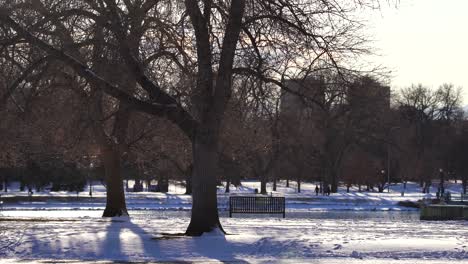 Empty-park-bench-against-a-background-of-city-park