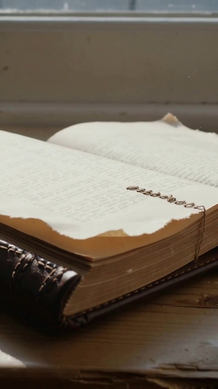 Vertical video: Panning camera revealing leather book on wood sill, exposing aged pages and chain