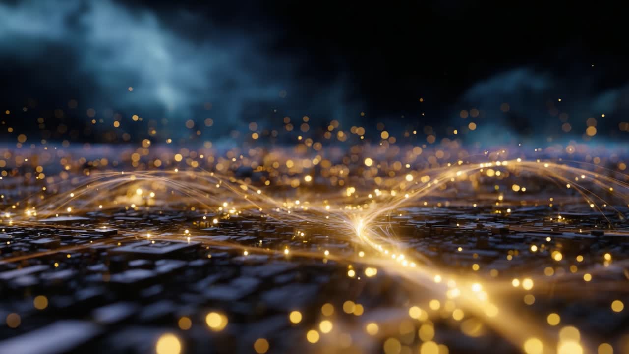 Onde di energia illuminate che danzano su un paesaggio mistico con luci scintillanti in un'atmosfera onirica sotto un cielo notturno spettacolare
