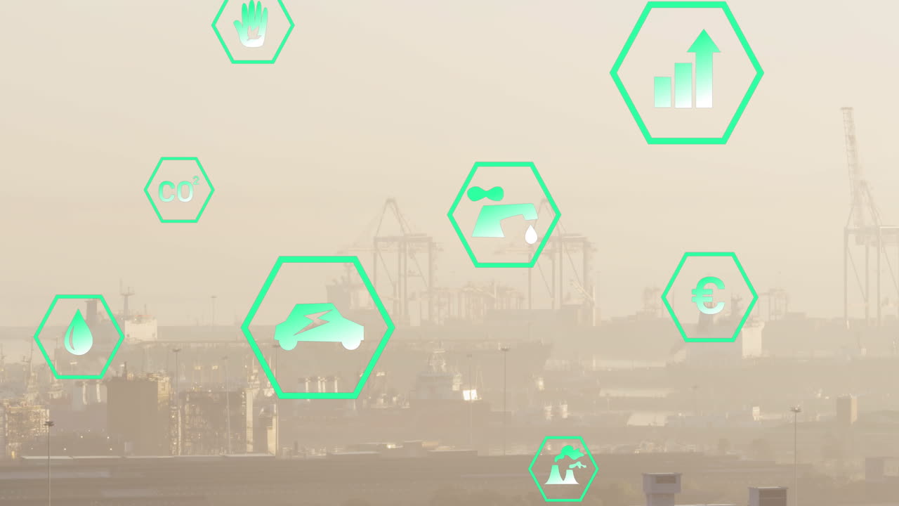 도시 풍경의 공중 전망에 대해 떠다니는 여러 가지 녹색 에너지 아이콘