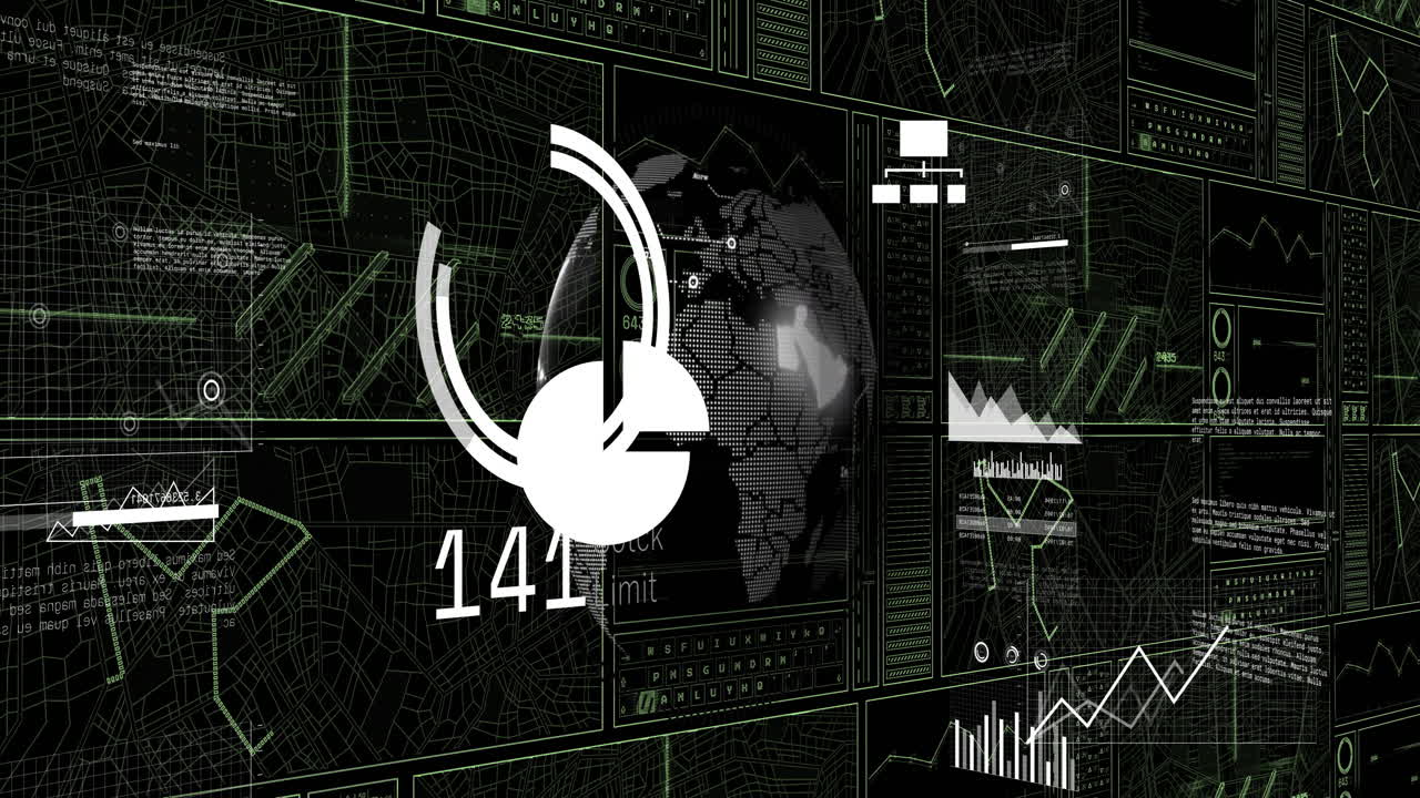 animación del procesamiento de datos financieros en todo el mundo en fondo negro