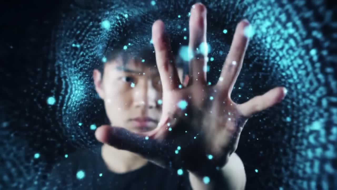 A Young Man Interacts with a Dynamic Holographic Display, Demonstrating the Fusion of Technology and Human Touch Through Visual Effects and Innovative Design