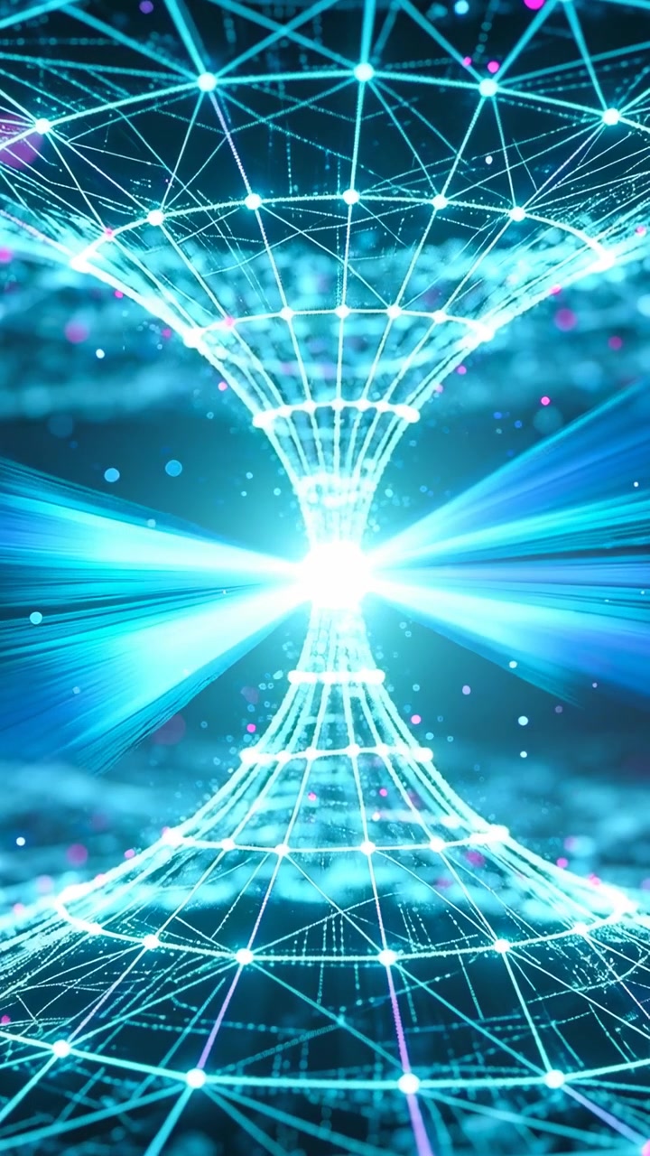 Vertical video: Central flare sparking hourglass mesh pulsing and beaming in data tunnel for flow