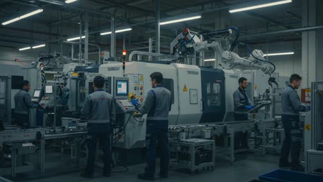 advanced manufacturing facility highlighting automation technology with robotic arms and technicians operating high-precision machinery in a modern industrial setting