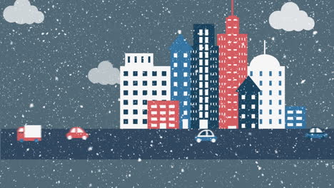animation of snow falling over city and cars at christmas