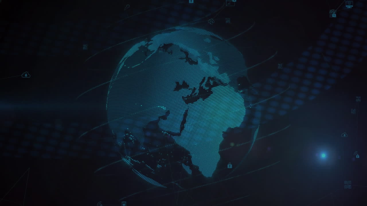 Animating digital globe with data points and network connections over dark background