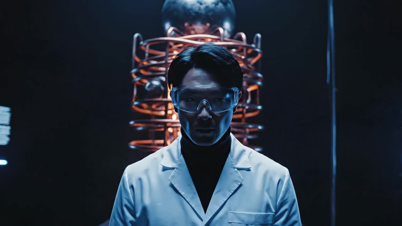 Scientist conducting a futuristic electricity experiment