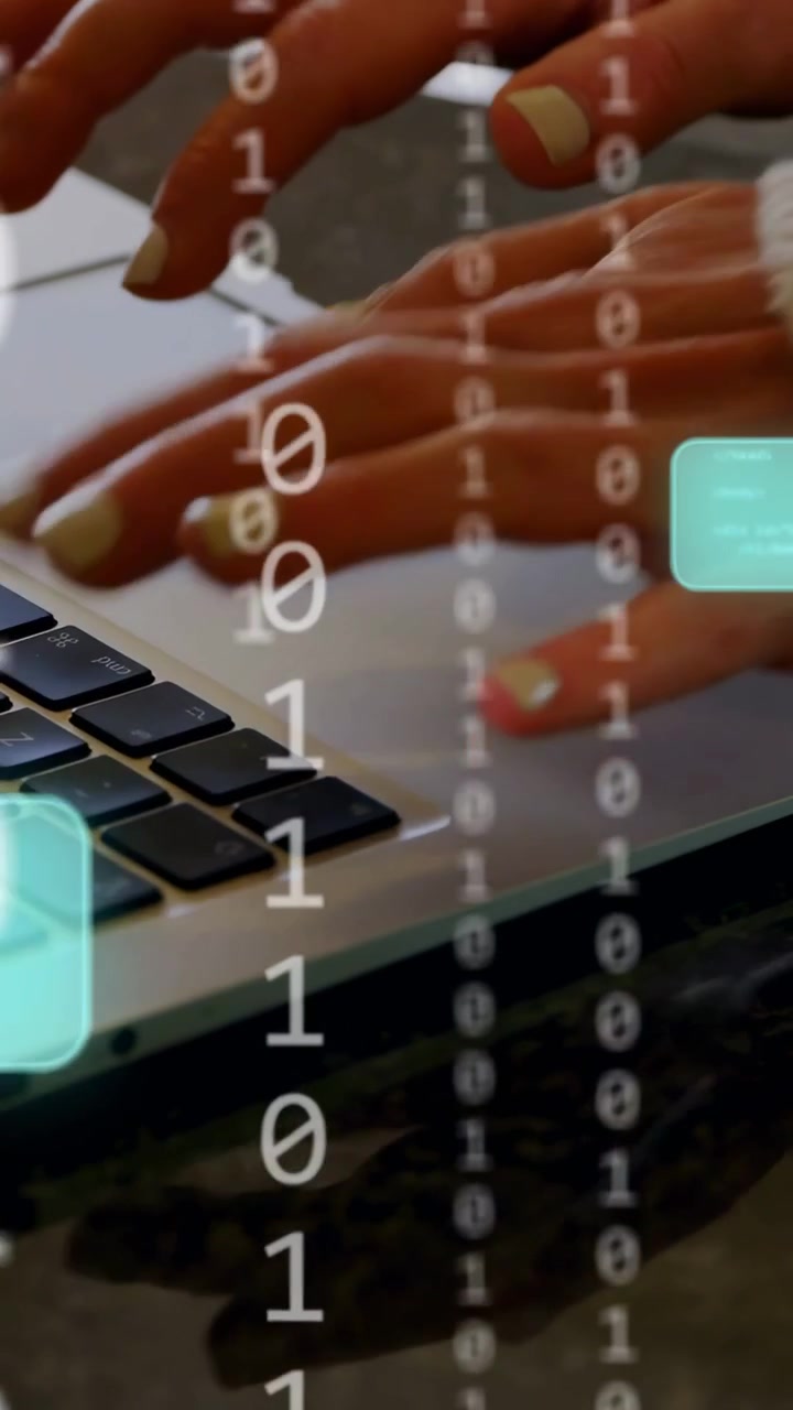 Vídeo vertical: Dedos se aproximando das teclas e digitando, código binário subindo e HUD azul-petróleo mostrando dados.