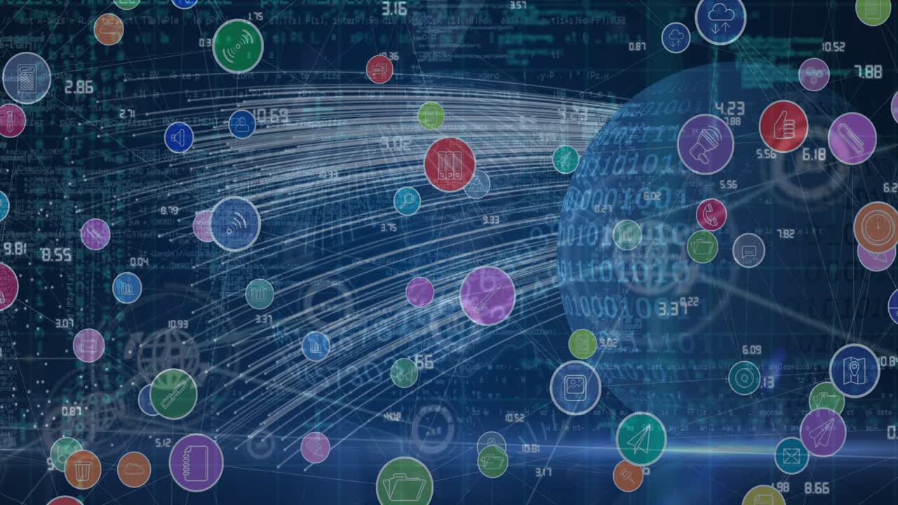 Animation of network of connections with icons over globe