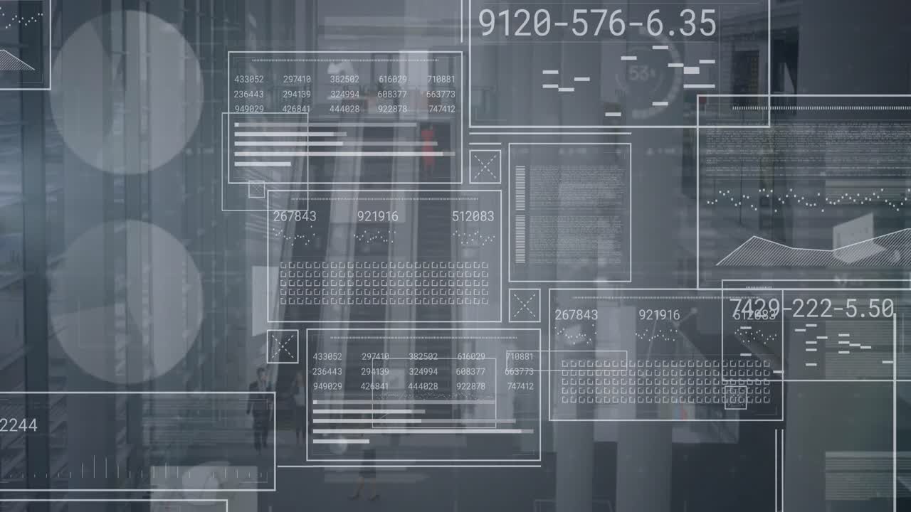 Animation of interface with statistical data processing over aerial view of escalator at office