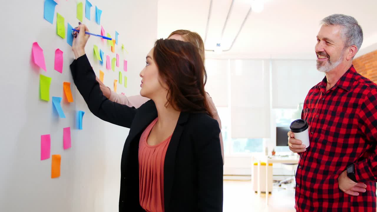 ejecutivos discutiendo sobre notas adhesivas