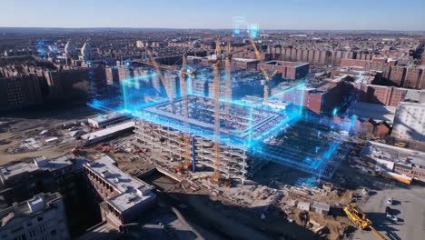 urban building construction progress with digital overlay and bim technology