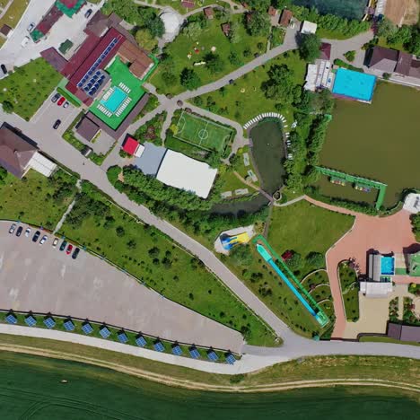 resort complex for leisure activity. modern recreation center with health attractions on nature background. top aerial view.