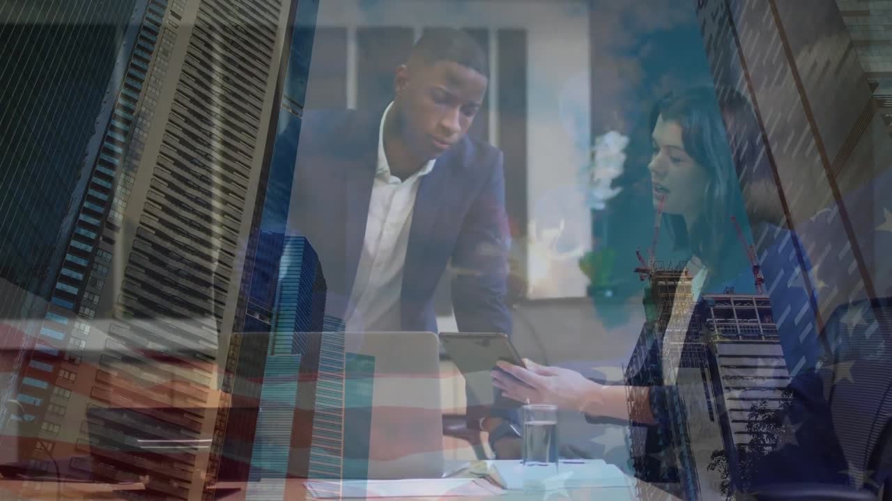 animación de diversos empresarios en el paisaje urbano