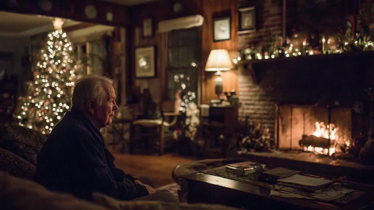 Contemplation by the Fireplace: A Soulful Moment in a Warm, Holiday-Inspired Living Room with a Glimmering Tree, Creating an Atmosphere of Peace and Reflection