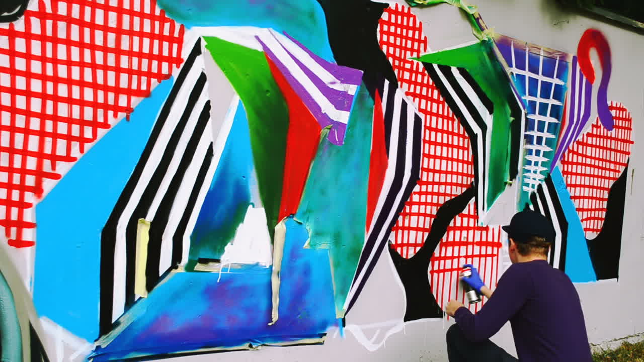 Kunstneren tegner graffiti på et hegn. Abstrakt tegning