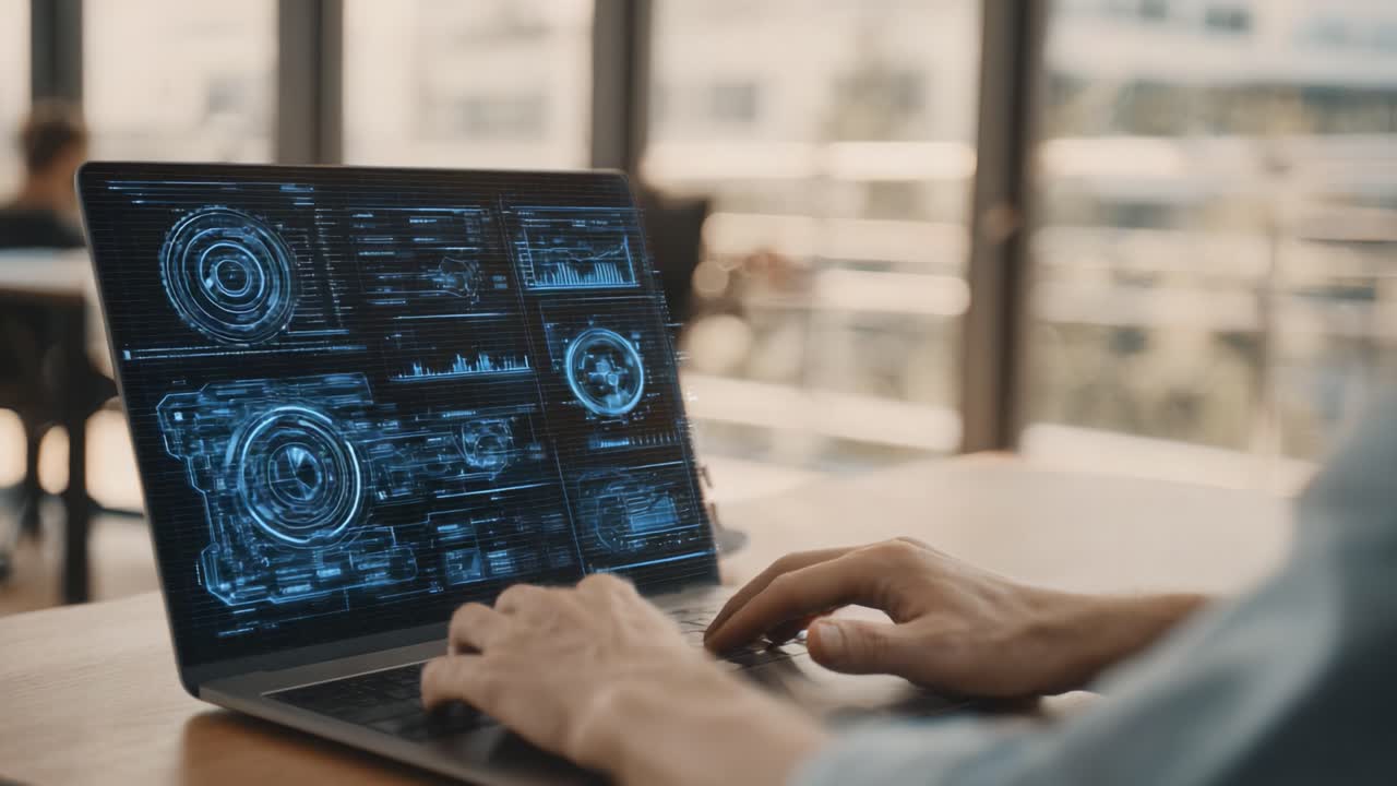 A Professional at Work: Engaging with High-Tech Data Analytics on a Laptop Surrounded by a Modern Office Environment