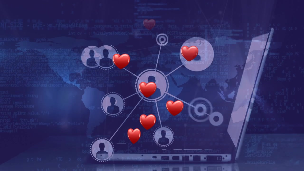 Animation der Datenverarbeitung über Herzen und Laptop