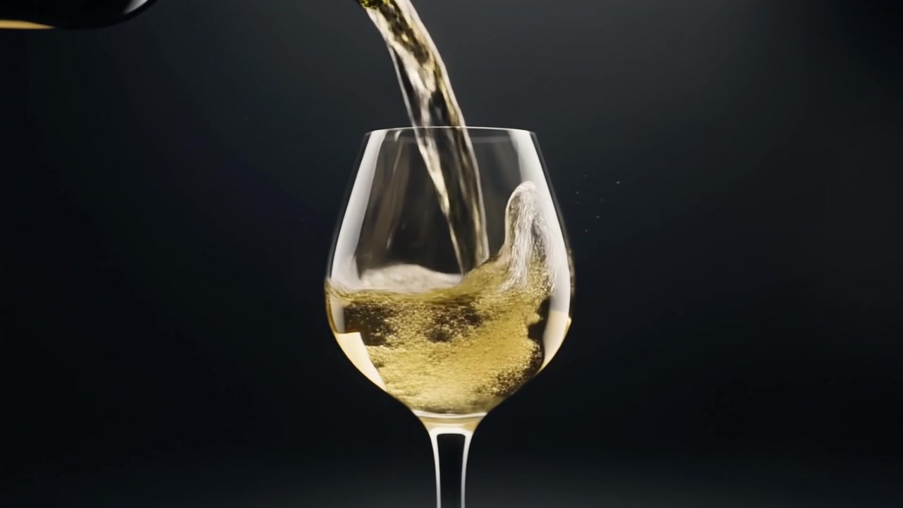 Vino bianco versato in un bicchiere su uno sfondo scuro