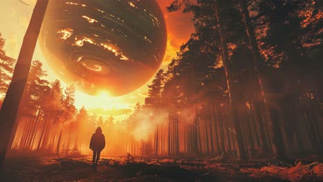 alien spaceship over a burning forest