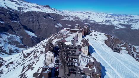 Panoramic-view-of-Ski-station-centre-resort-at-snowy-Andes-Mountains-near-Santiago-Chile