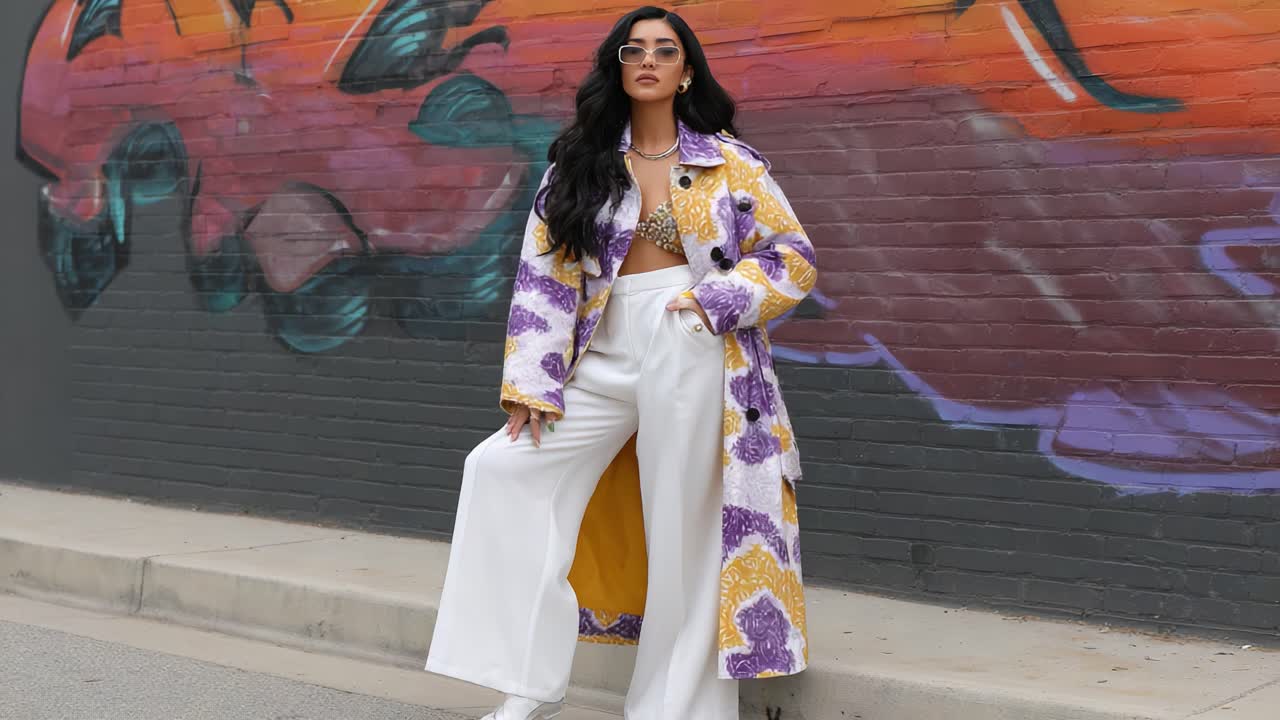 A Fashionable Young Woman Poses Confidently Against a Colorful Street Mural, Showcasing a Vibrant Outfit Featuring a Stylish Coat and Trendy Accessories