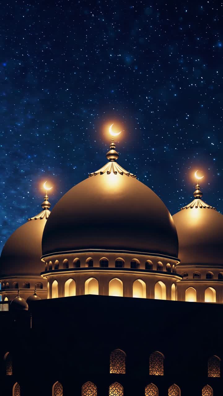 Golden domes of a mosque glowing at night under a beautiful starry sky, creating a serene and spiritual atmosphere during Islamic holy month