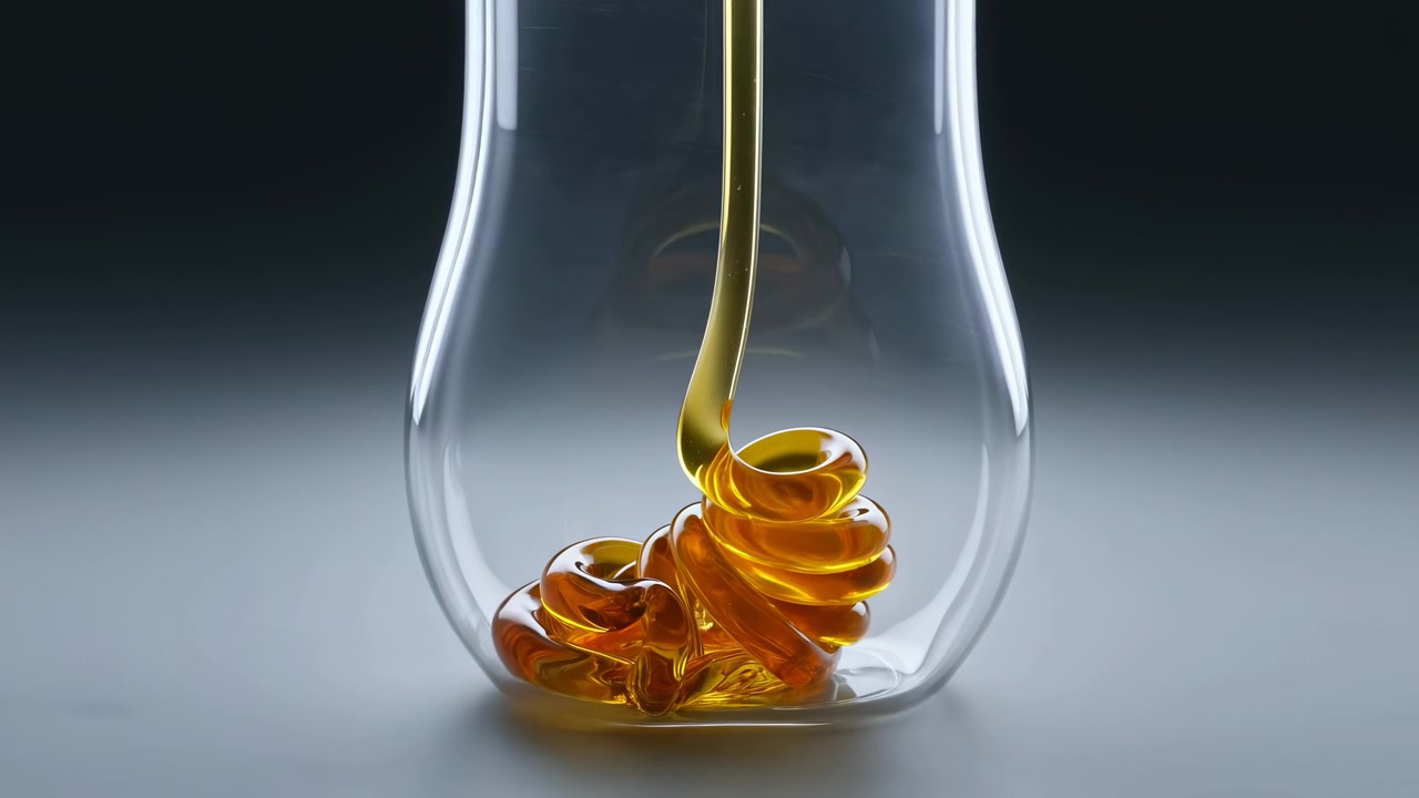 Una vista ravvicinata mostra uno sciroppo dorato denso che si versa in un flusso continuo e uniforme in un bicchiere curvo trasparente, formando una spirale lucida con una ricca lucentezza ambrata, riflessi tenui e un'elegante presentazione in studio.