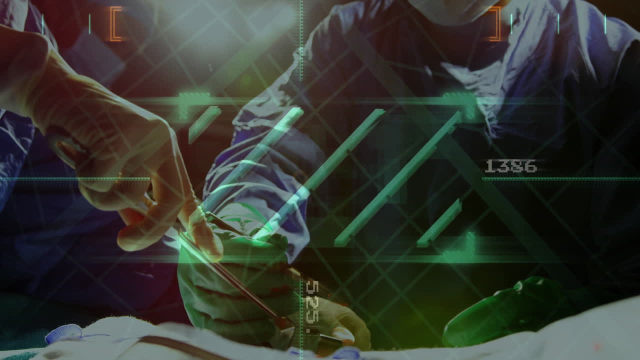 Female surgeon guiding surgical scissors while male surgeon holding forceps in OR with grid overlay