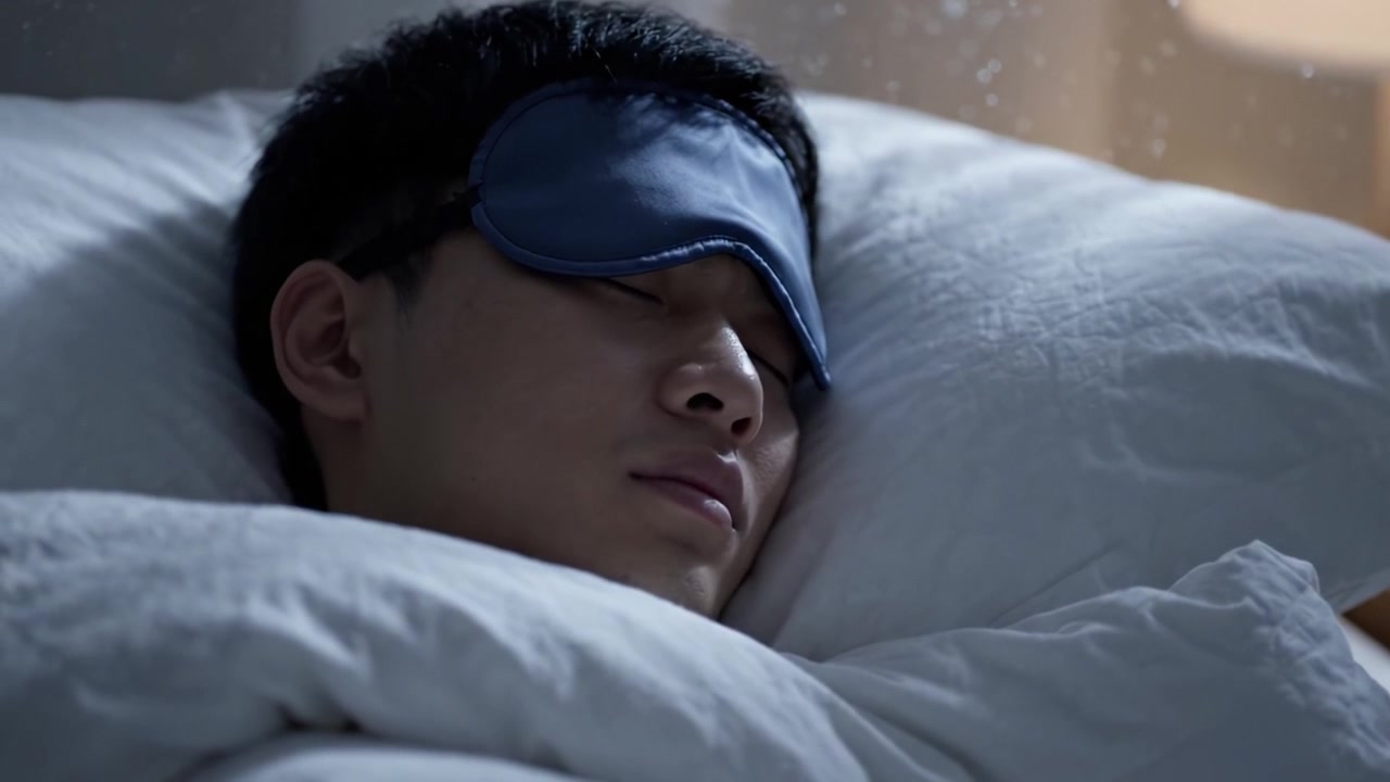 柔らかい毛布に包まれ、快適なスリープマスクを着用した若い男性が、穏やかな夜に安らかな眠りを楽しむ瞬間。静寂な環境での休息を表現。
