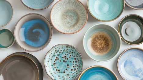 Colorful ceramic bowls displaying diverse sizes, shapes, and hues carefully arranged on pristine white surface, showcasing handcrafted pottery with elegant minimalist aesthetic