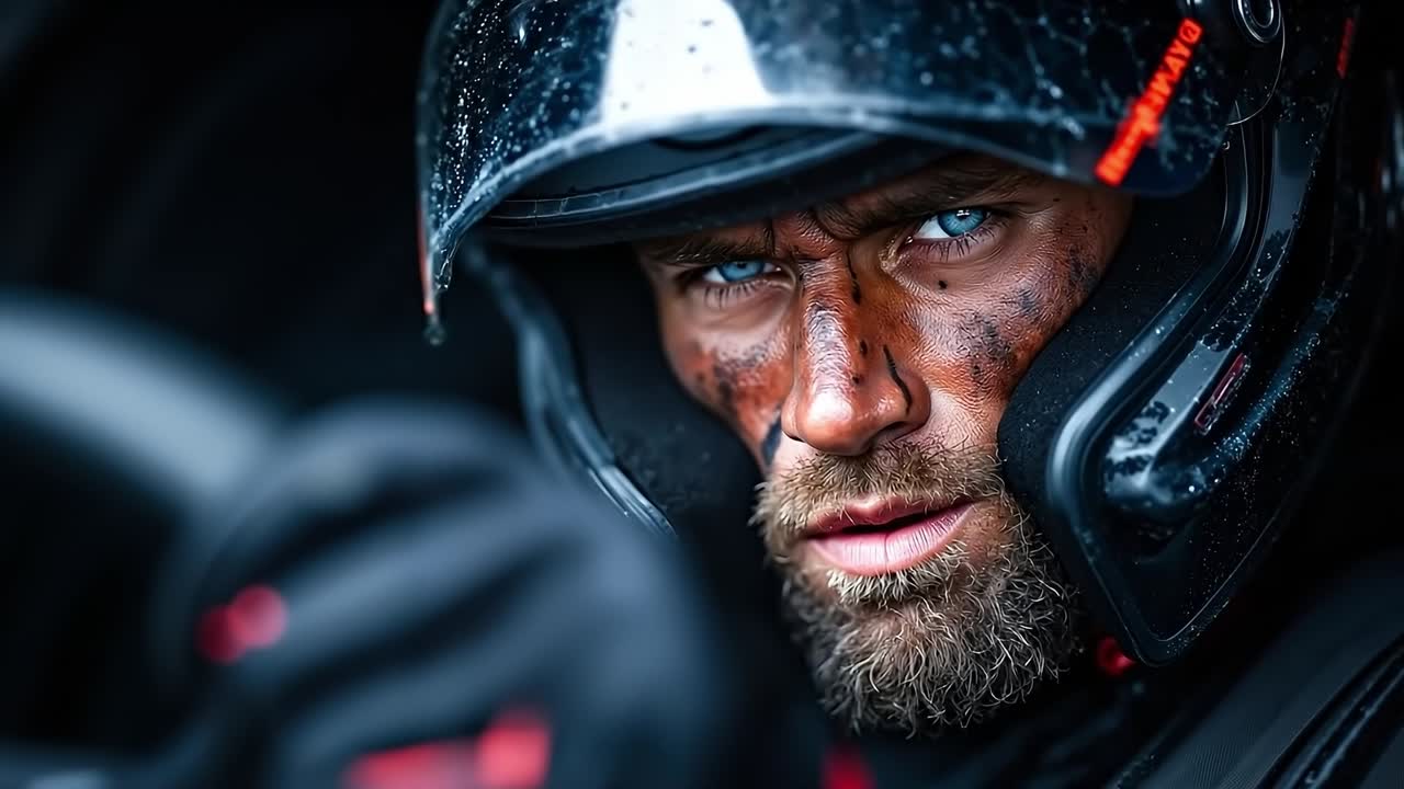 A man with a beard wearing a helmet and a helmet on