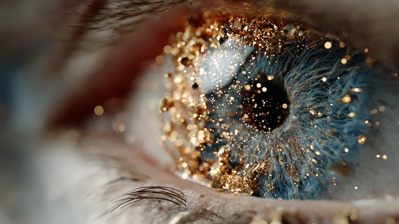Extreme close up of a blue human eye with sparkling gold glitter makeup on the eyelid, representing beauty, creativity, and festive celebration in a glamorous and artistic concept