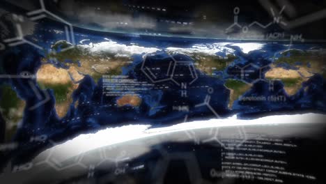 animación del procesamiento de datos y la fórmula química sobre el mapa del mundo en fondo negro