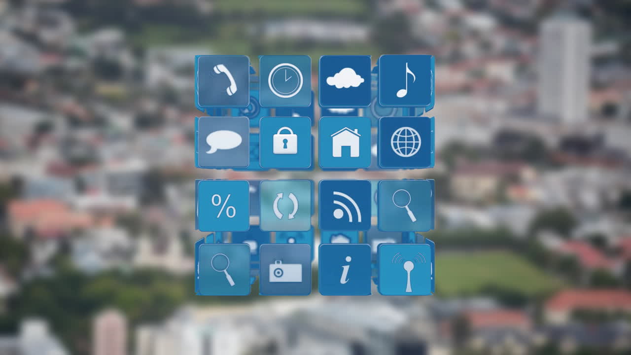 animación de iconos de aplicaciones sobre un fondo borroso del paisaje urbano